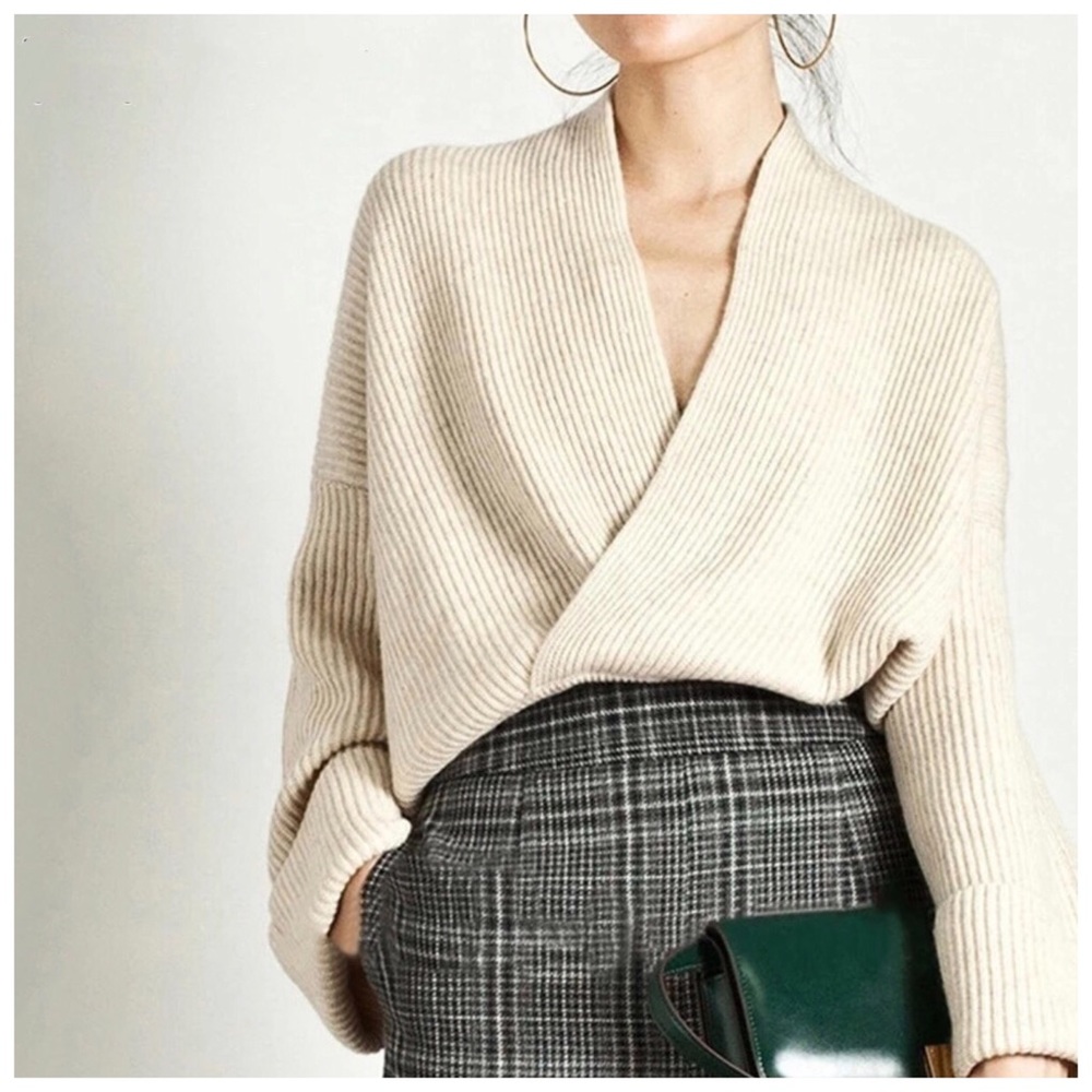 Effortless Cream Ribbed Wrap V-Neck Sweater